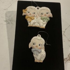 2 1950’s Big Eyes Baby Lamb Vintage Ornaments with Bows porcelain
